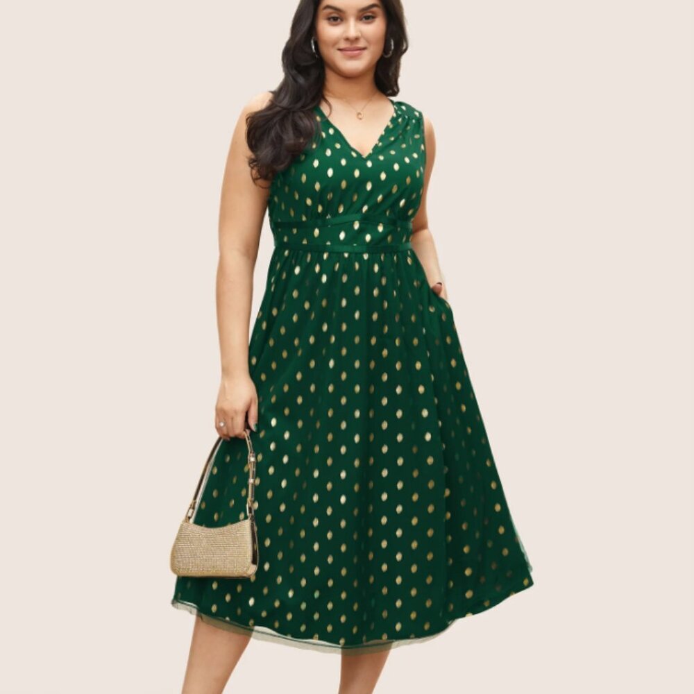 BloomChic Emerald Green Midi Dress with Gold Dot Print